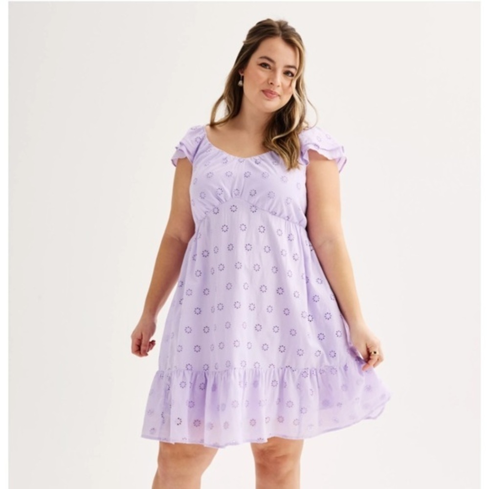 NWT SO Juniors Plus 1X Lavender Flutter Sleeve Eyelet Babydoll Dress, Lilac